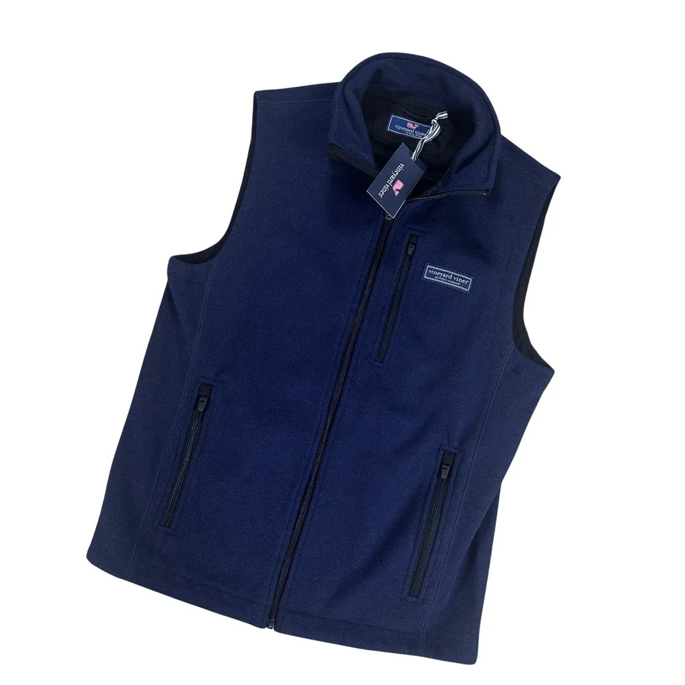 Vineyard Vines Mens Mountain Sweater Fleece Vest Nautical Navy‎ Full Zip Blue XS